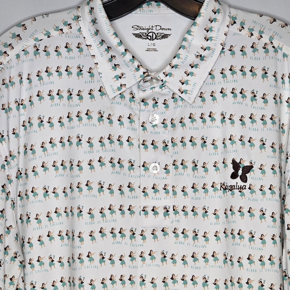 Straight Down Kapalua Golf Polo Aloha is Calling Hula Dancer Print Men's Large